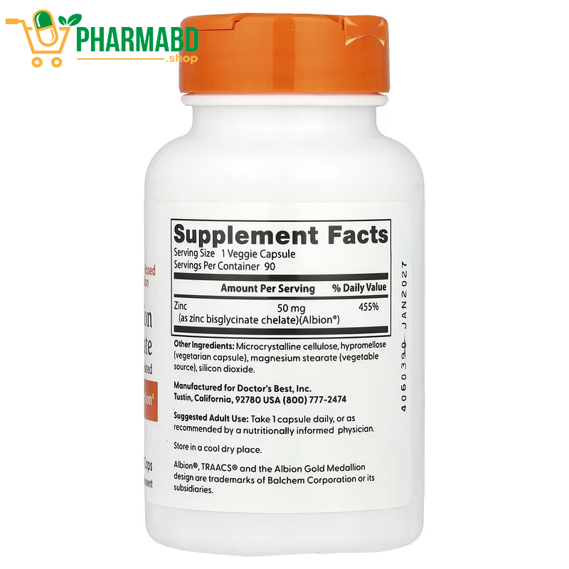 Doctor's Best, High Absorption Zinc Bisglycinate 100%, 50 mg, 90 Veggie Caps