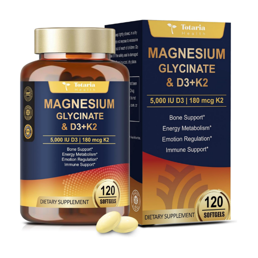 Totaria Health Magnesium Glycinate 500mg + Vitamin D3 5000 IU & K2 Complex 120 Softgels