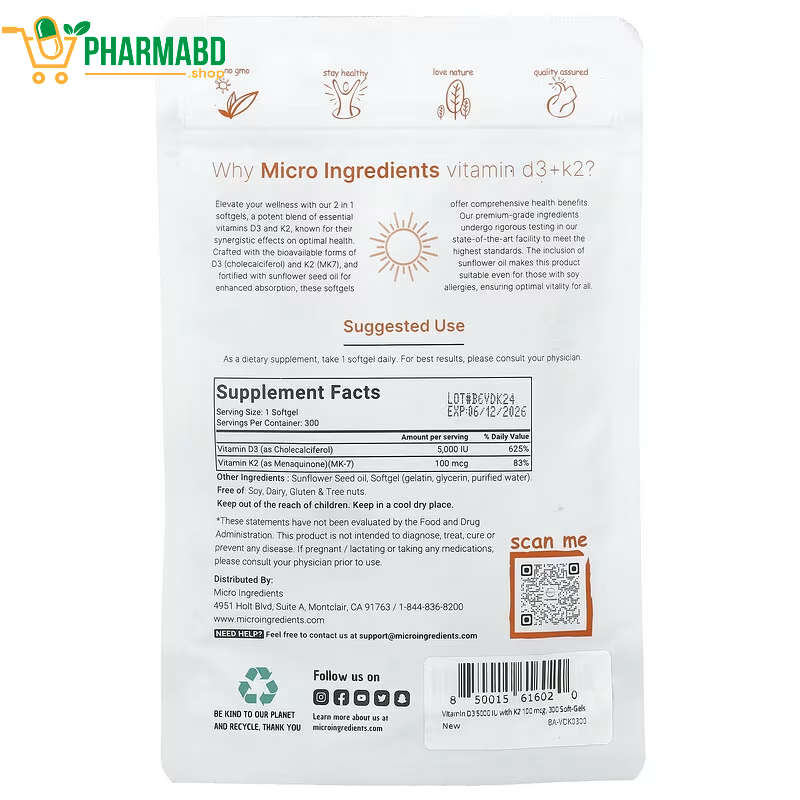 Micro Ingredients, Vitamin D3 + K2, Supplement Complex 5000IU, 300 Softgels
