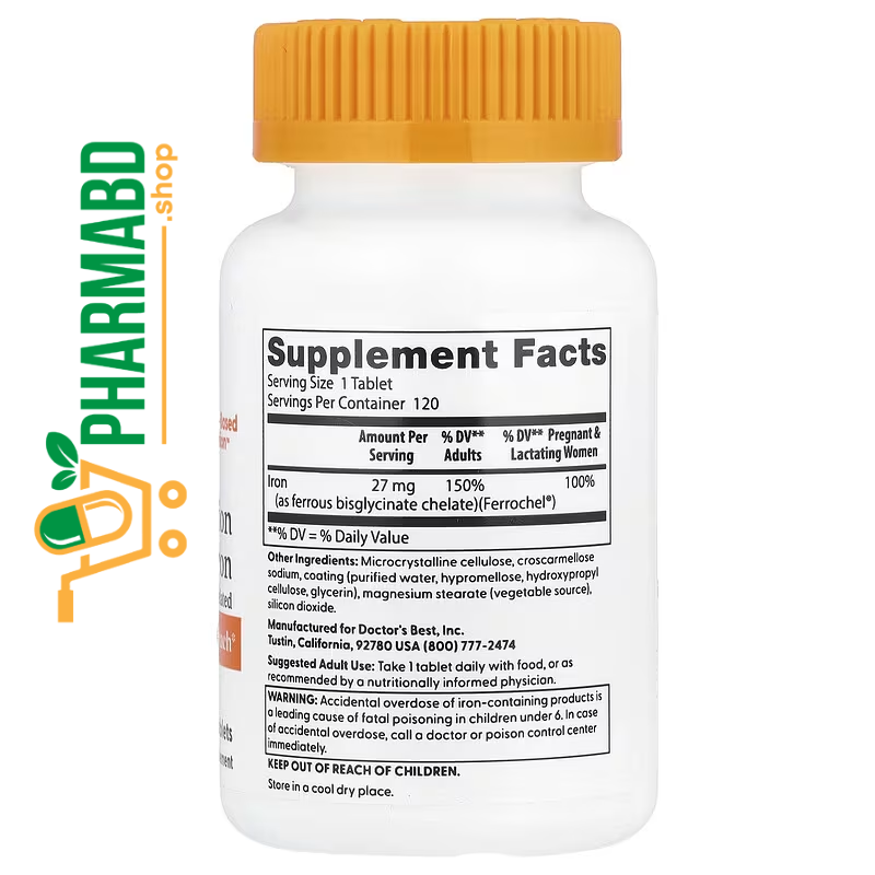 Doctor's Best High Absorption Iron 27 mg with Ferrochel 120 Tablets