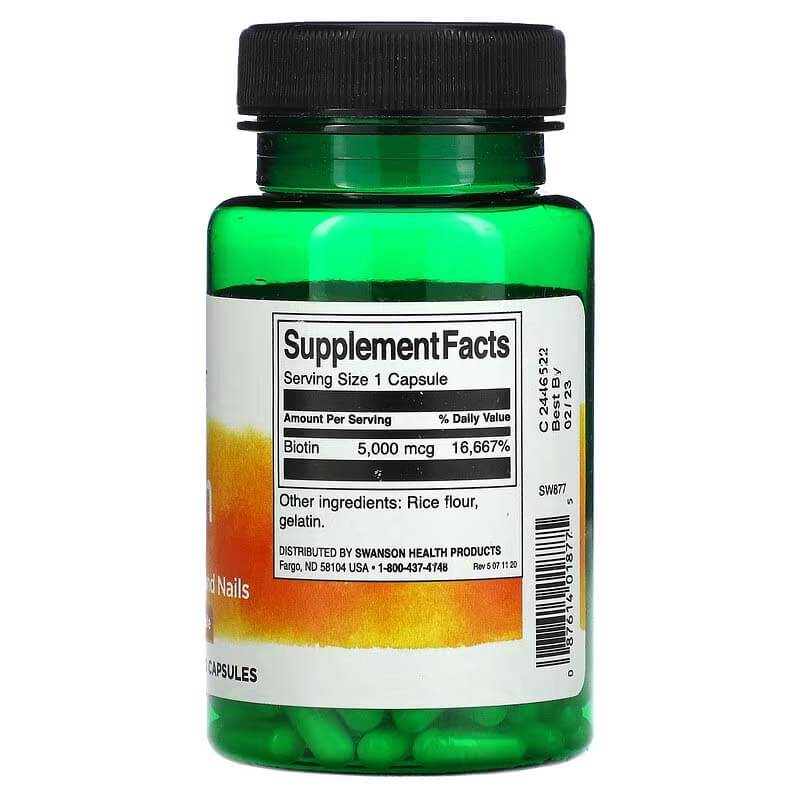 Swanson Biotin 5000 mcg, Nourishes Hair, Skin & Nails 100 VeganCaps
