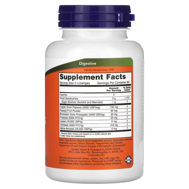 NOW Foods Chewable Papaya Enzymes, Digestive Support 180 Lozenges
