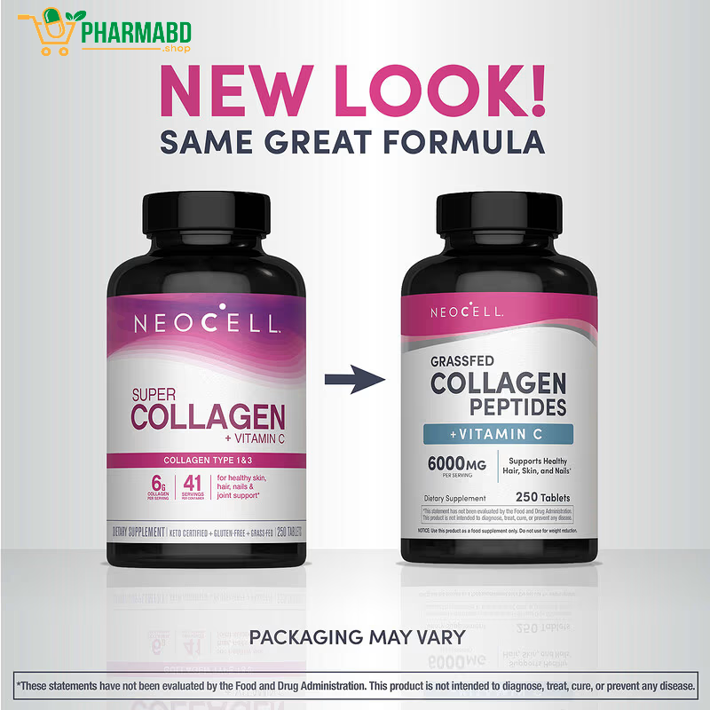 NeoCell Grassfed Collagen Peptides+ Vitamin C, Hair, Skin, & Nails, 250 Tablets