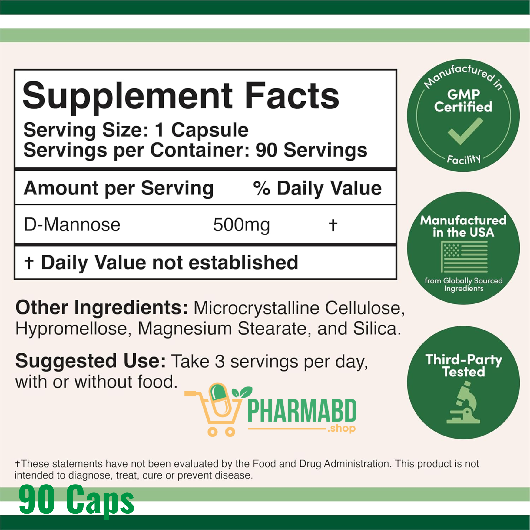 Double Wood D-Mannose 500mg, Urinary Tract + Bladder Health, 90 Capsules