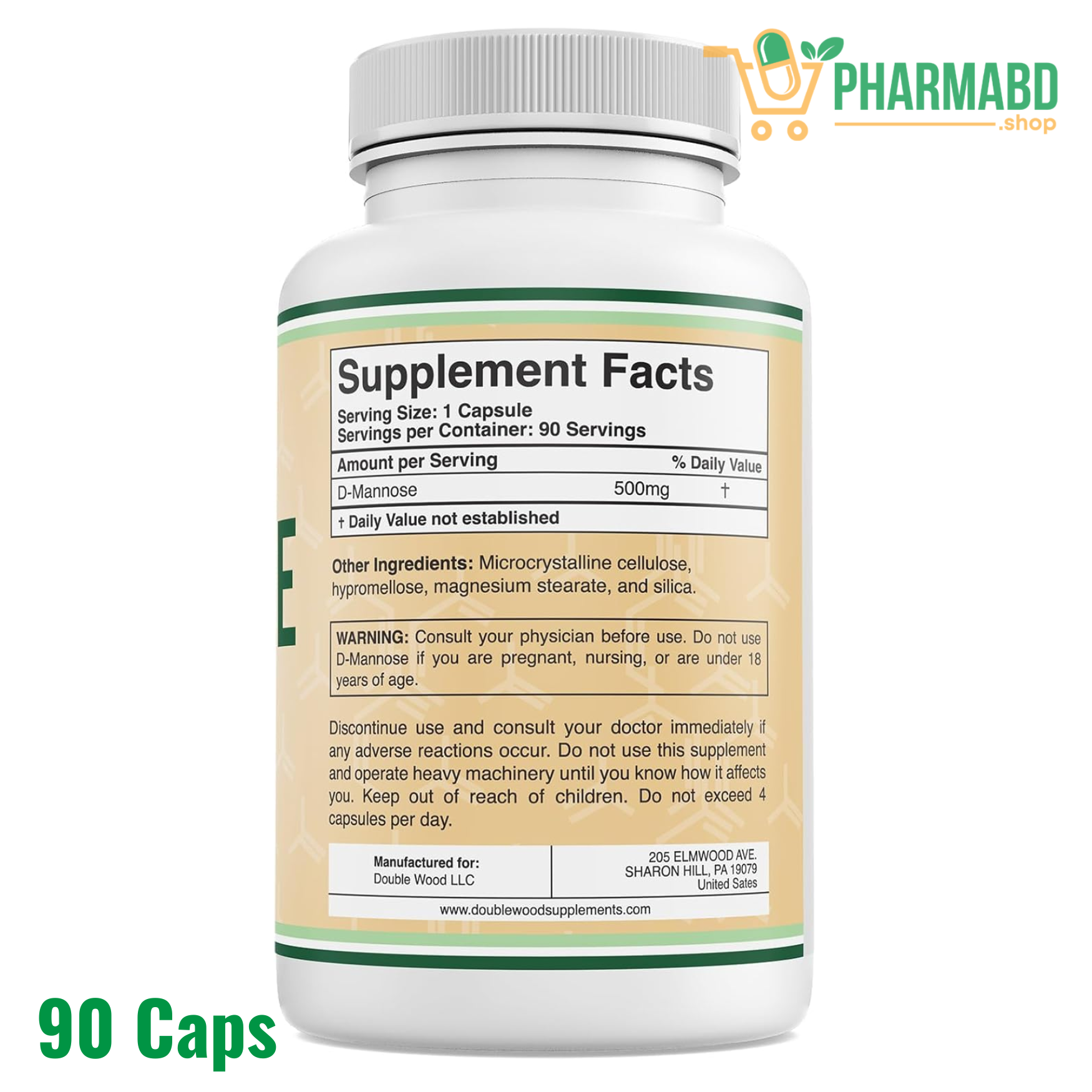 Double Wood D-Mannose 500mg, Urinary Tract + Bladder Health, 90 Capsules