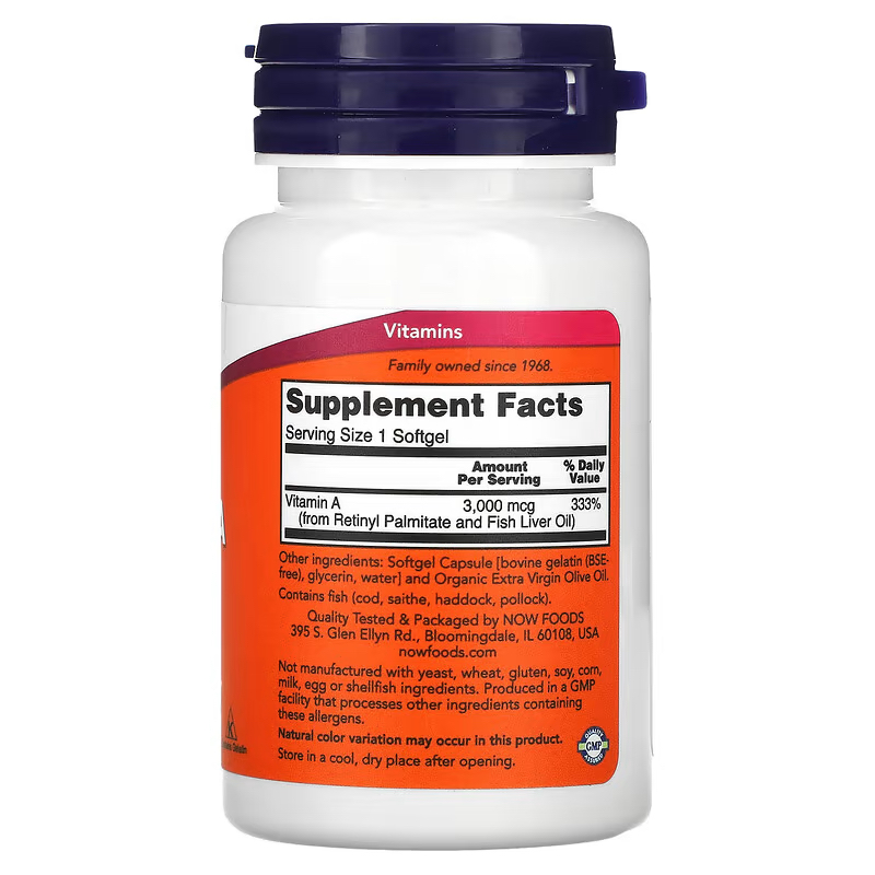 NOW Foods, Vitamin A, 3,000 mcg (10,000 IU), Eye Health, 100 Softgels