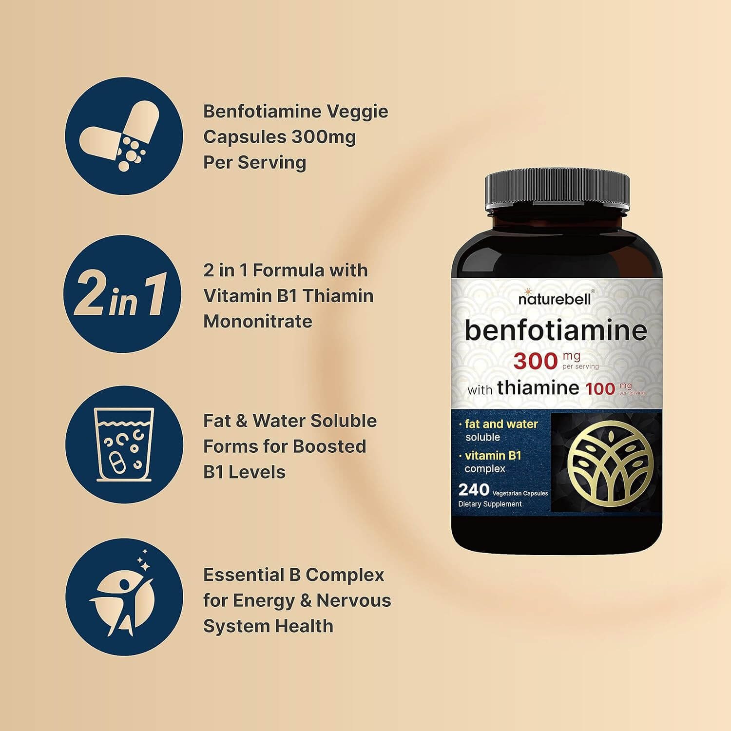 NatureBell Benfotiamine 300 mg with Thiamine 100mg, 240 VegCapsules