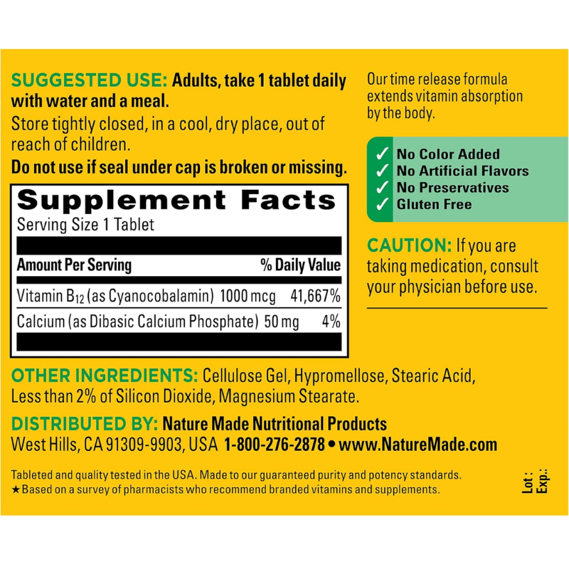 Nature Made Vitamin B12 1000 mcg Time Release, 160 Tablets