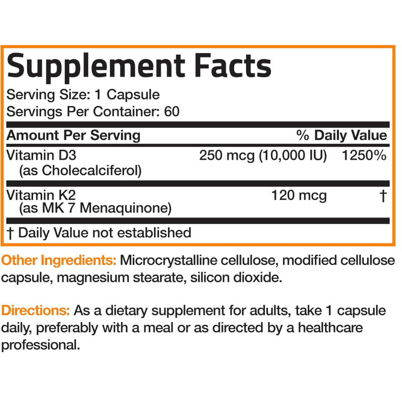 Bronson Vitamin K2 D3 (MK7) Extra Strength Complex, 60 Capsules