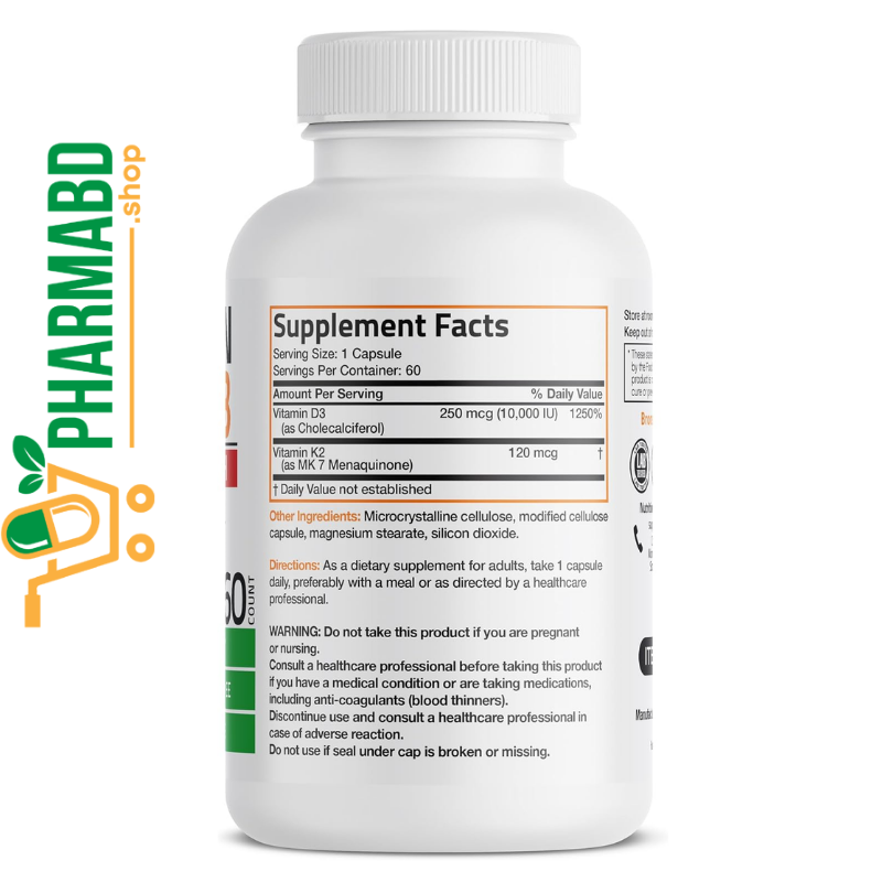 Bronson Vitamin K2 D3 (MK7) Extra Strength Complex, 60 Capsules