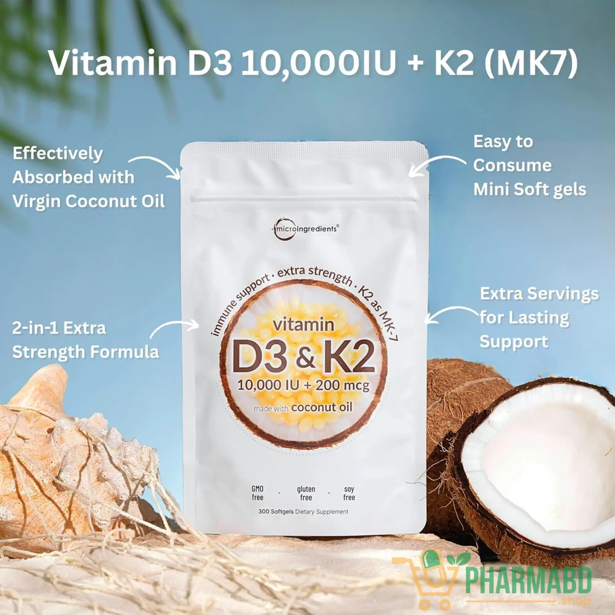 Micro Ingredients Vitamin D3 10,000 IU + K2 MK-7 200 mcg, 300 Softgels with Virgin Coconut Oil