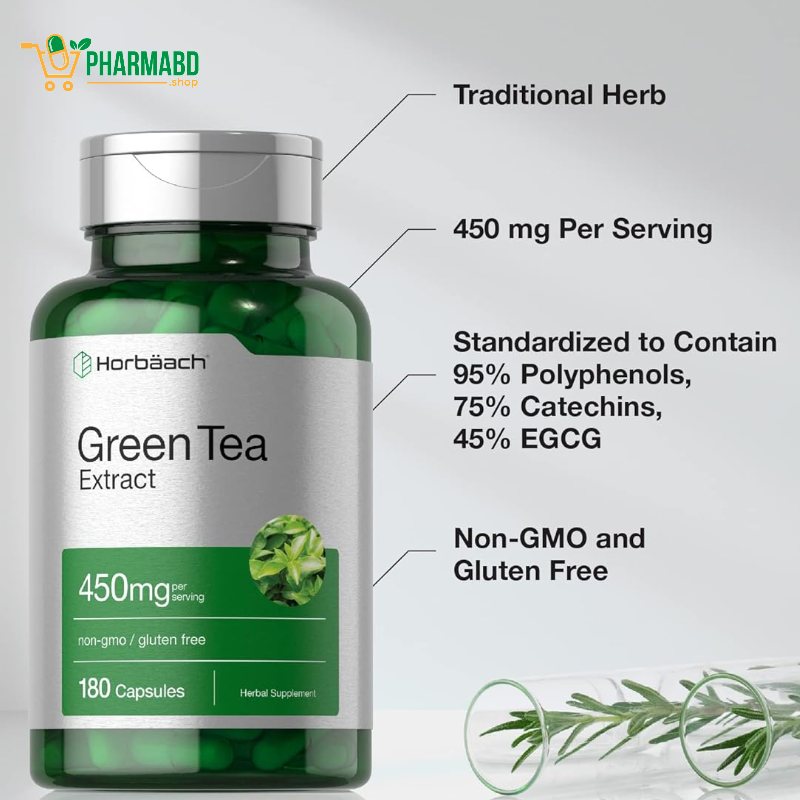 Horbäach Green Tea Extract Supplement 450 mg, 180 Capsules