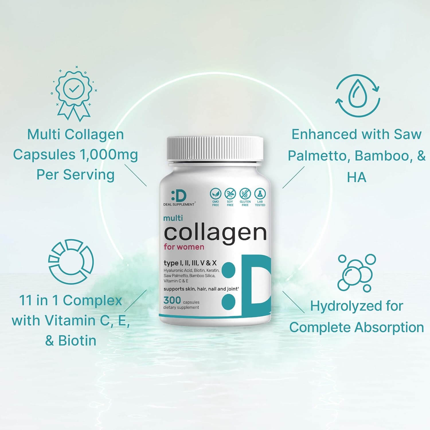 DEAL SUPPLEMENT Multi Collagen Pills for Women & Men with Vitamin C, E & Biotin, 300 Capsules