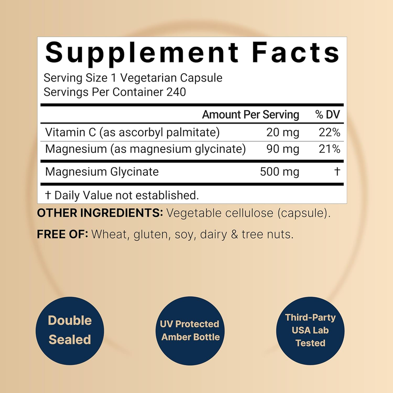 NatureBell Pure Magnesium Glycinate 500mg, 240 Capsules