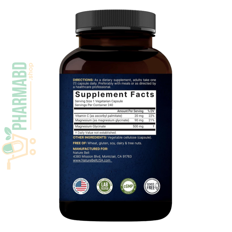 NatureBell Pure Magnesium Glycinate 500mg, 240 Capsules